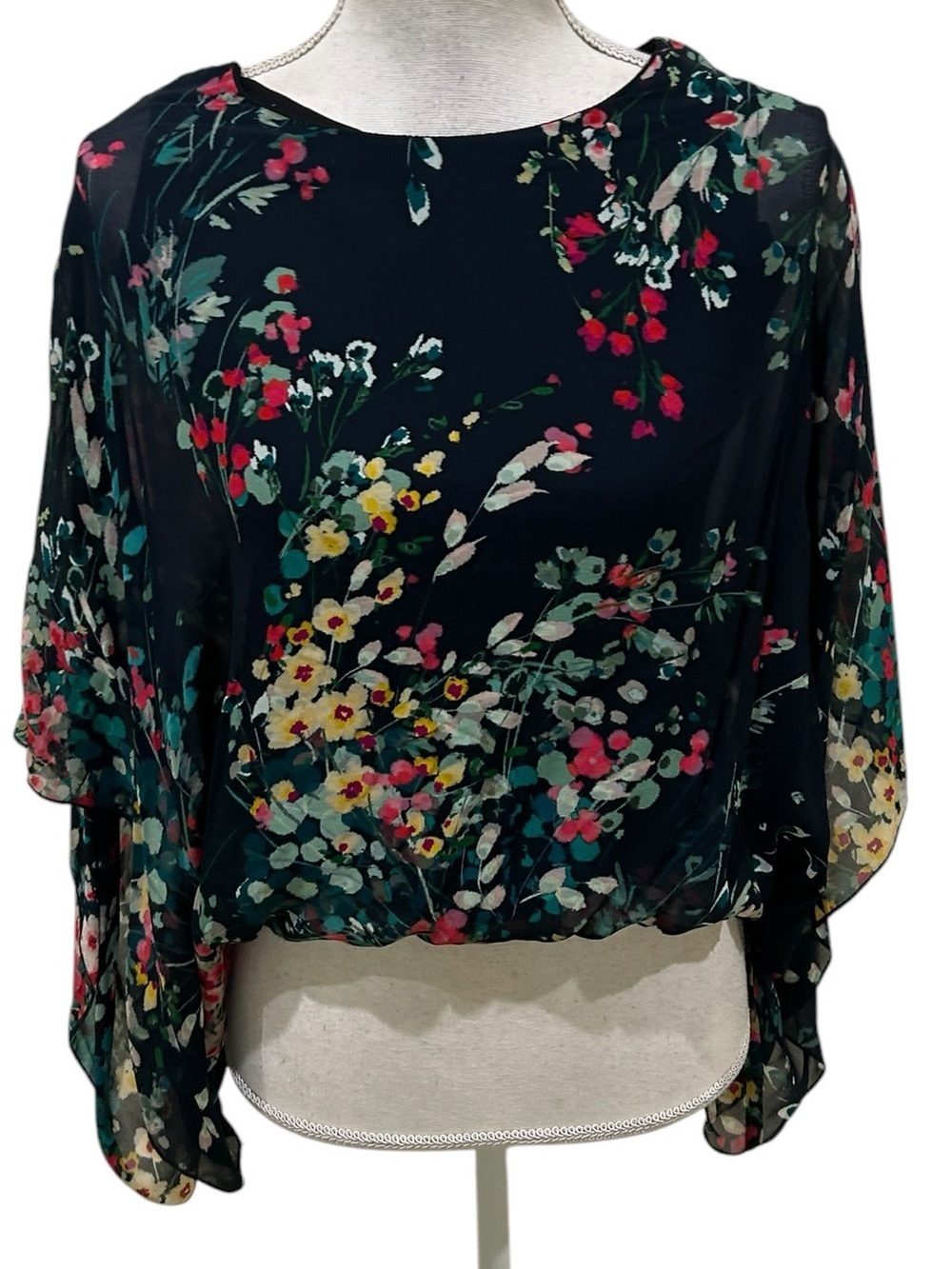 Karen Kane Black multi Floral Chiffon dolman sleeve sheer Blouse size large